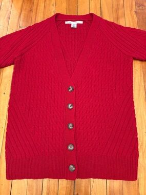 Max Studio Red Cable-Knit V-Neck Button Cardigan, Alpaca Wool Blend - Medium